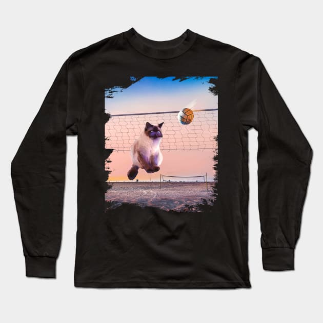 Siamese Cat Playing Beach Volleyball Long Sleeve T-Shirt by Random Galaxy